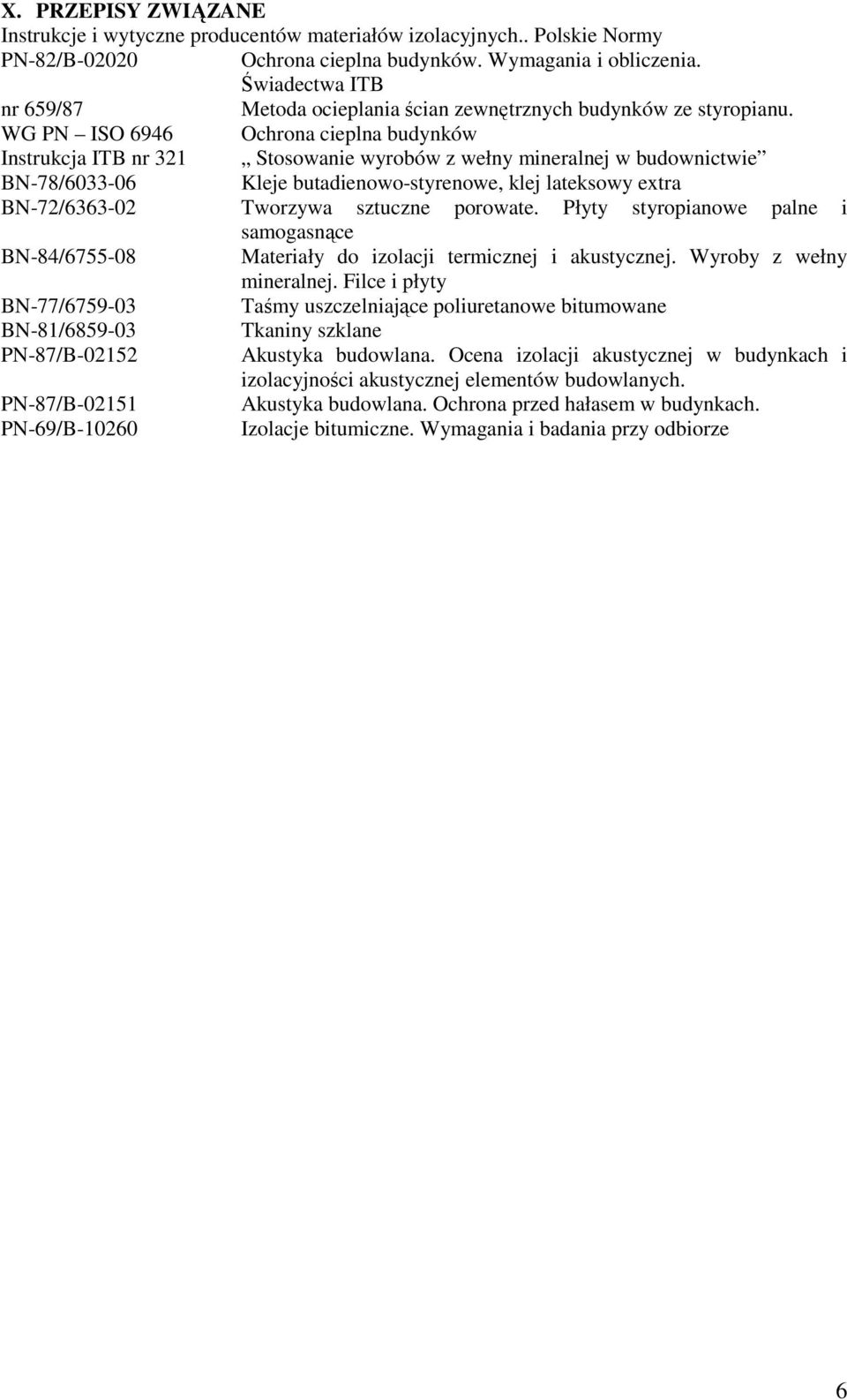 WG PN ISO 6946 Ochrona cieplna budynków Instrukcja ITB nr 321 Stosowanie wyrobów z wełny mineralnej w budownictwie BN-78/6033-06 Kleje butadienowo-styrenowe, klej lateksowy extra BN-72/6363-02