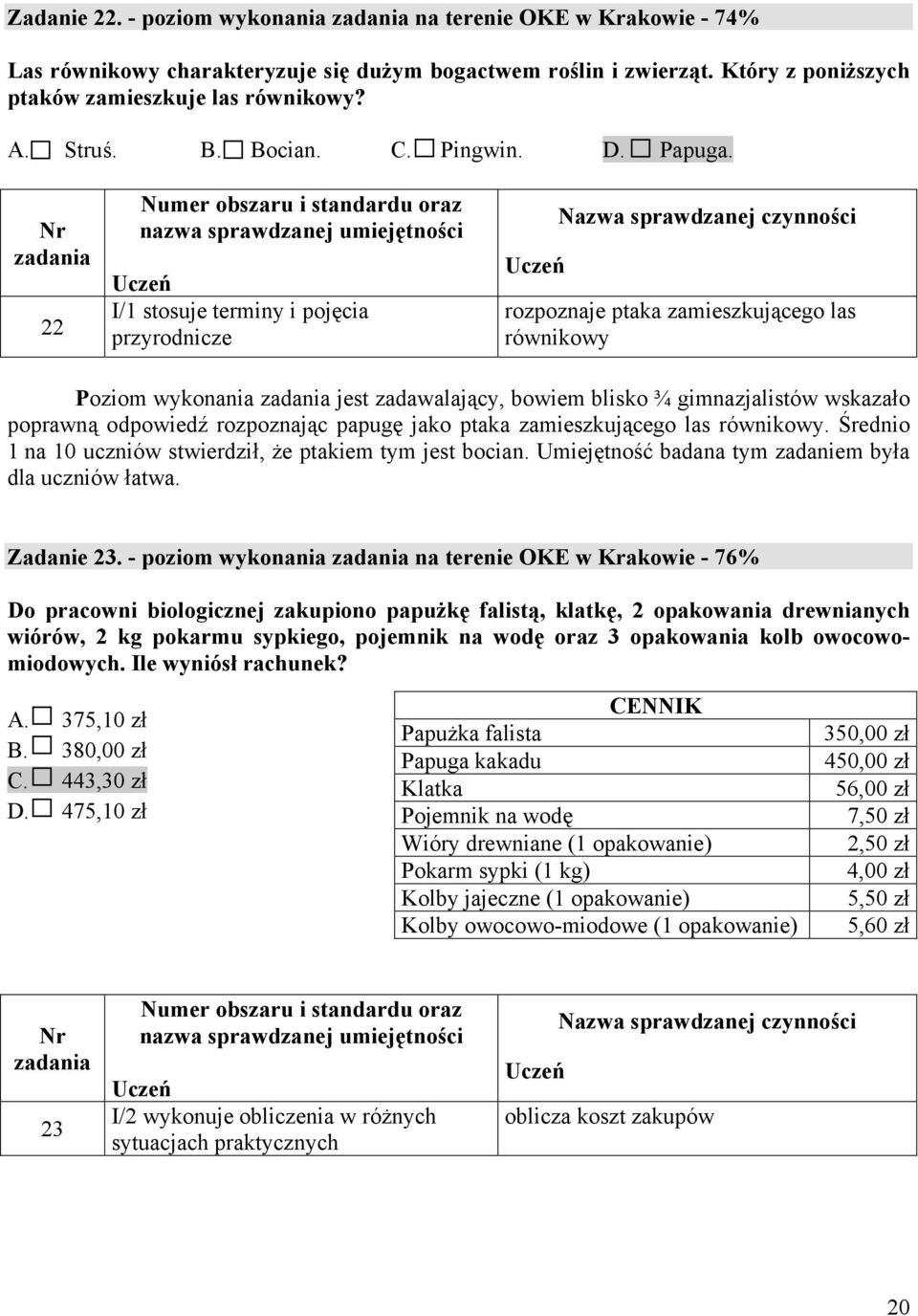 22 I/1 stosuje terminy i pojęcia przyrodnicze rozpoznaje ptaka zamieszkującego las równikowy Poziom wykonania jest zadawalający, bowiem blisko ¾ gimnazjalistów wskazało poprawną odpowiedź rozpoznając