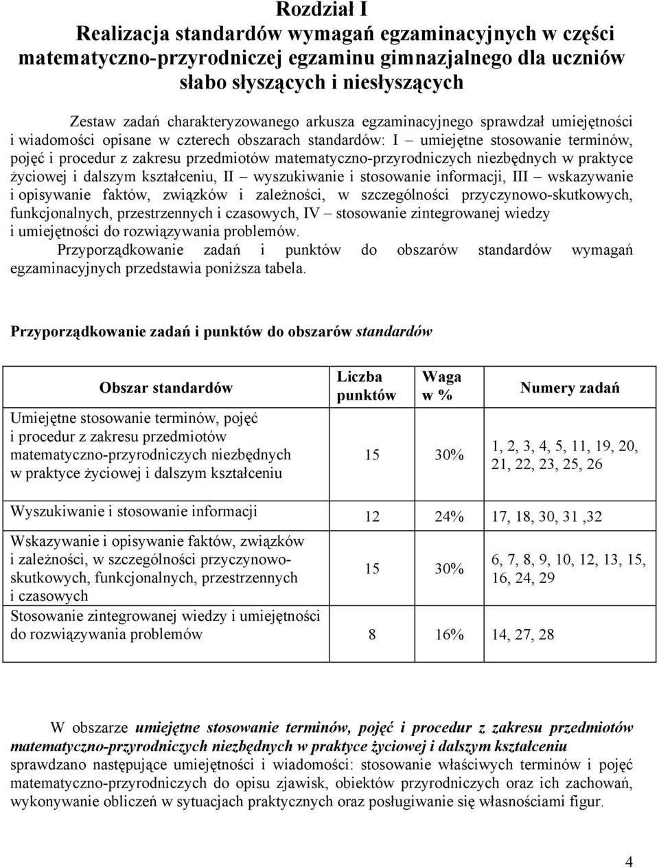 matematyczno-przyrodniczych niezbędnych w praktyce życiowej i dalszym kształceniu, II wyszukiwanie i stosowanie informacji, III wskazywanie i opisywanie faktów, związków i zależności, w szczególności