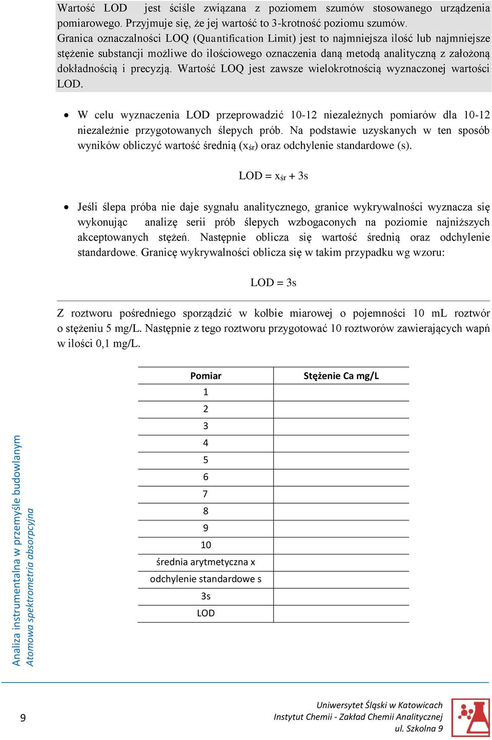 precyzją. Wartość LOQ jest zawsze wielokrotnością wyznaczonej wartości LOD. W celu wyznaczenia LOD przeprowadzić 10-12 niezależnych pomiarów dla 10-12 niezależnie przygotowanych ślepych prób.