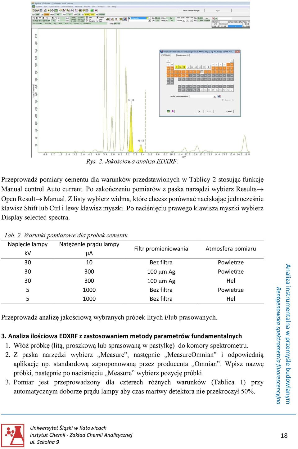 Po naciśnięciu prawego klawisza myszki wybierz Display selected spectra. Tab. 2. Warunki pomiarowe dla próbek cementu.