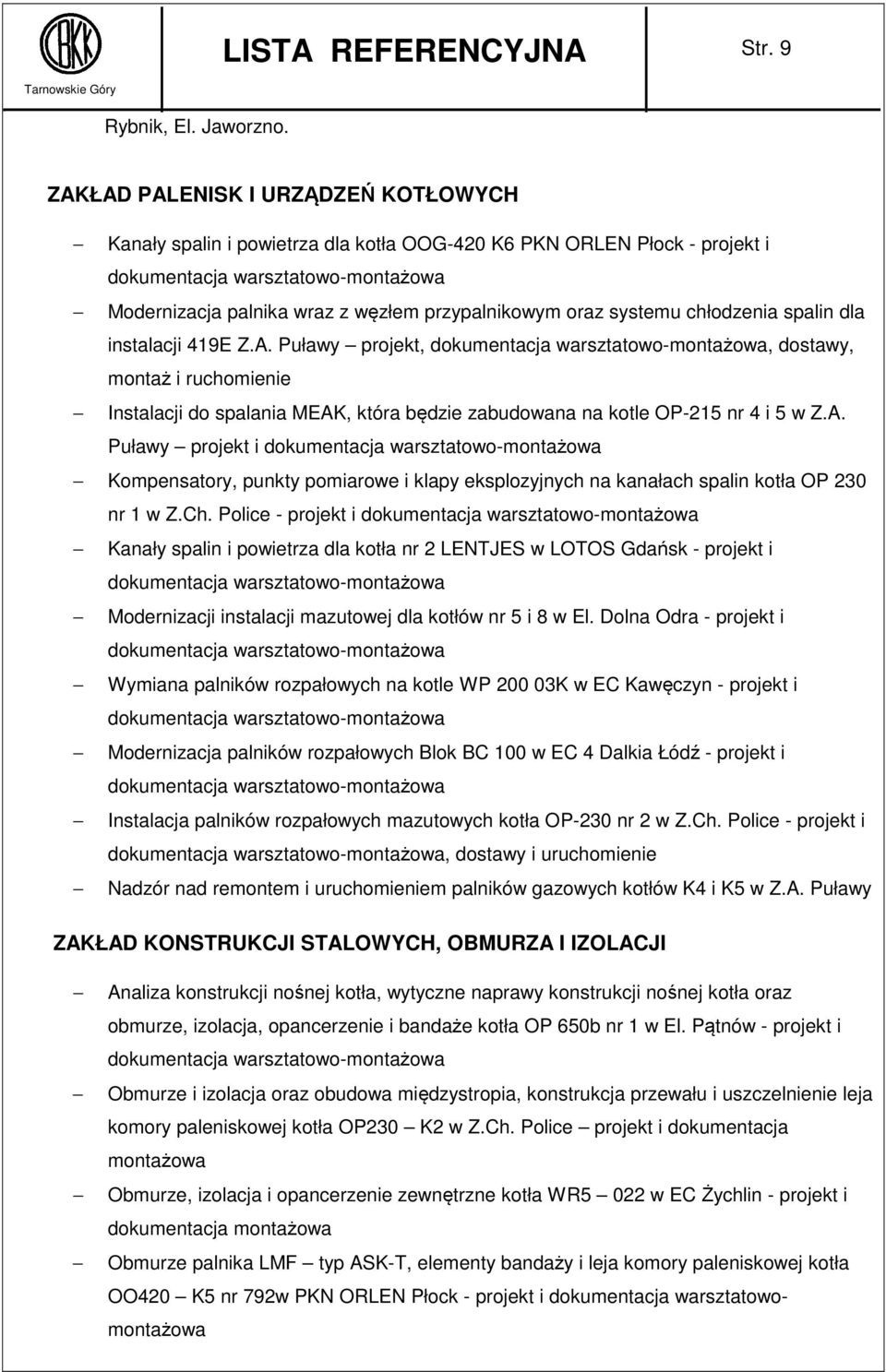 instalacji 419E Z.A. Puławy projekt,, dostawy, montaż i ruchomienie Instalacji do spalania MEAK, która będzie zabudowana na kotle OP-215 nr 4 i 5 w Z.A. Puławy projekt i Kompensatory, punkty pomiarowe i klapy eksplozyjnych na kanałach spalin kotła OP 230 nr 1 w Z.