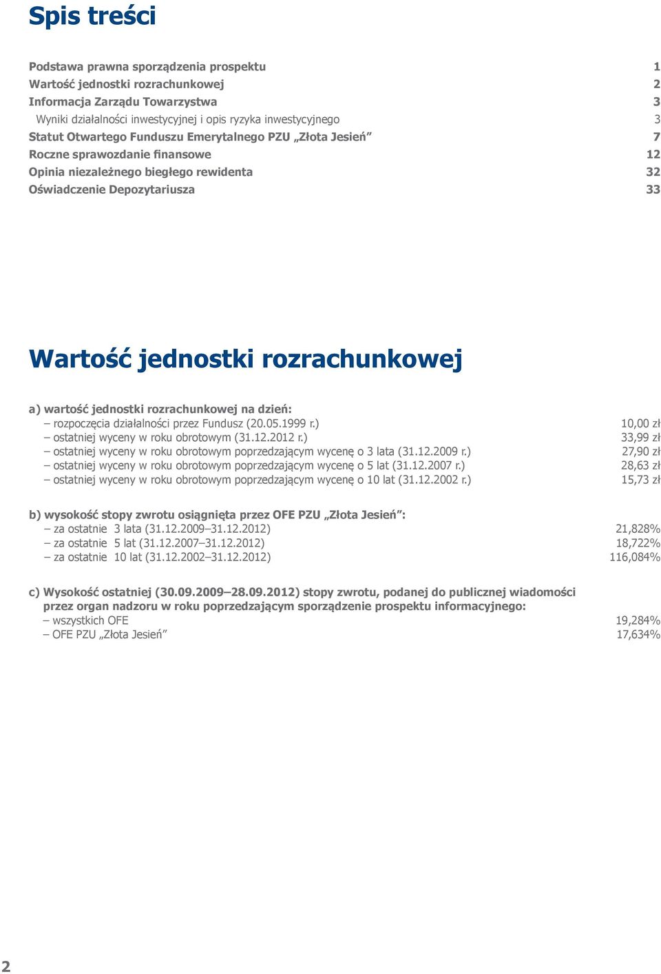 wartość jednostki rozrachunkowej na dzień: rozpoczęcia działalności przez Fundusz (20.05.1999 r.) 10,00 zł ostatniej wyceny w roku obrotowym (31.12.2012 r.