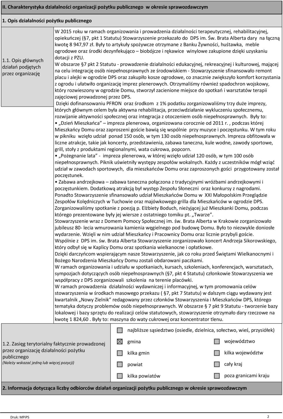 1. Opis głównych działań podjętych przez organizację W 2015 roku w ramach organizowania i prowadzenia działalności terapeutycznej, rehabilitacyjnej, opiekuńczej ( 7, pkt 1 Statutu) Stowarzyszenie