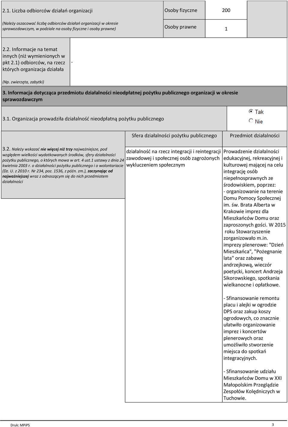 Informacja dotycząca przedmiotu działalności nieodpłatnej pożytku publicznego organizacji w okresie sprawozdawczym 3.1.