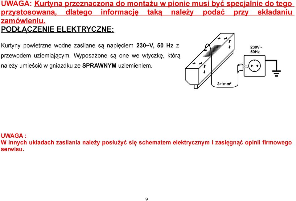 PODŁĄCZENIE ELEKTRYCZNE: Kurtyny powietrzne wodne zasilane są napięciem 230~V, 50 Hz z przewodem uziemiającym.