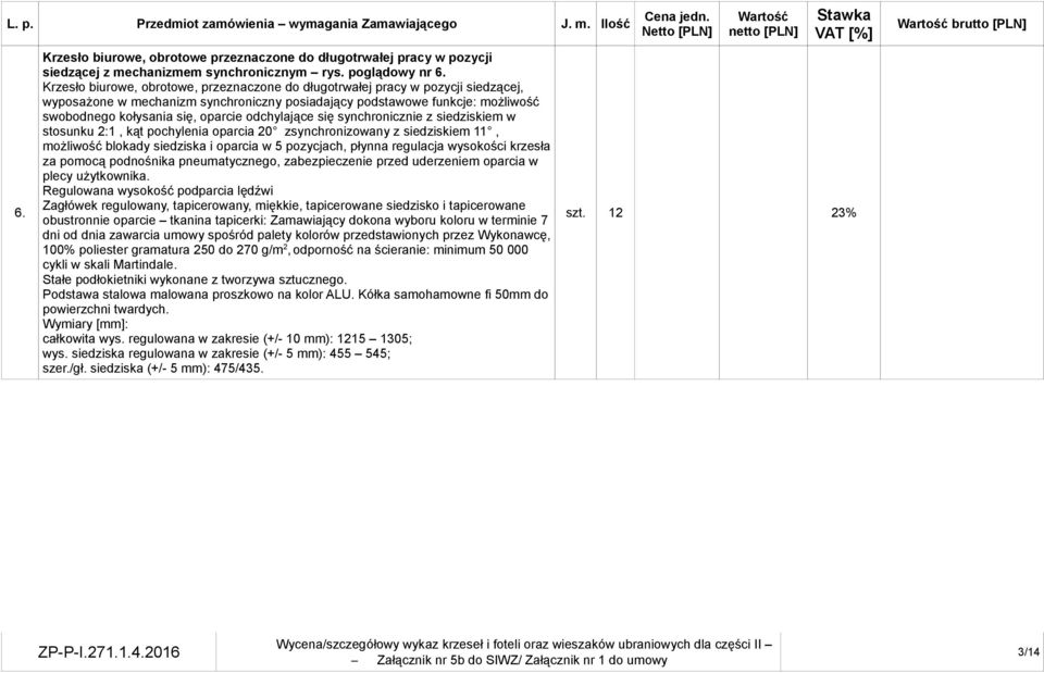 odchylające się synchronicznie z siedziskiem w stosunku 2:1, kąt pochylenia oparcia 20 zsynchronizowany z siedziskiem 11, możliwość blokady siedziska i oparcia w 5 pozycjach, płynna regulacja