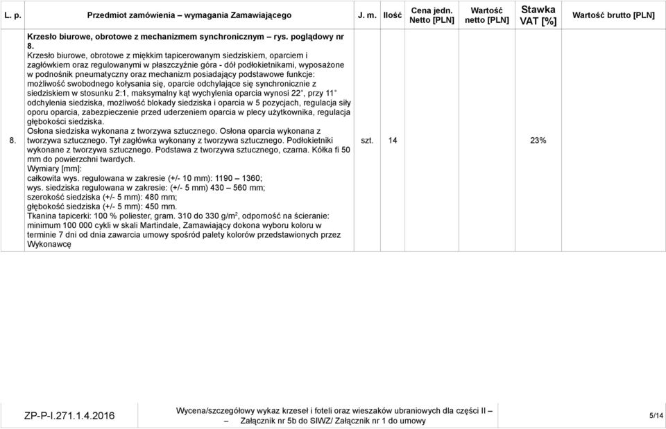 posiadający podstawowe funkcje: możliwość swobodnego kołysania się, oparcie odchylające się synchronicznie z siedziskiem w stosunku 2:1, maksymalny kąt wychylenia oparcia wynosi 22, przy 11