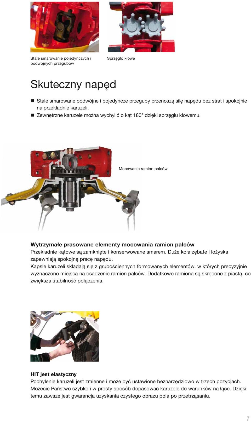 Mocowanie ramion palców Wytrzymałe prasowane elementy mocowania ramion palców Przekładnie kątowe są zamknięte i konserwowane smarem. Duże koła zębate i łożyska zapewniają spokojną pracę napędu.