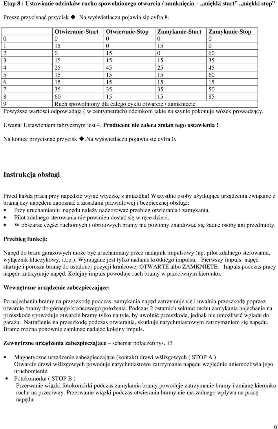 spowolniony dla całego cyklu otwarcie / zamknięcie Powyższe wartości odpowiadają ( w centymetrach) odcinkom jakie na szynie pokonuje wózek prowadzący. Uwaga: Ustawieniem fabrycznym jest 4.