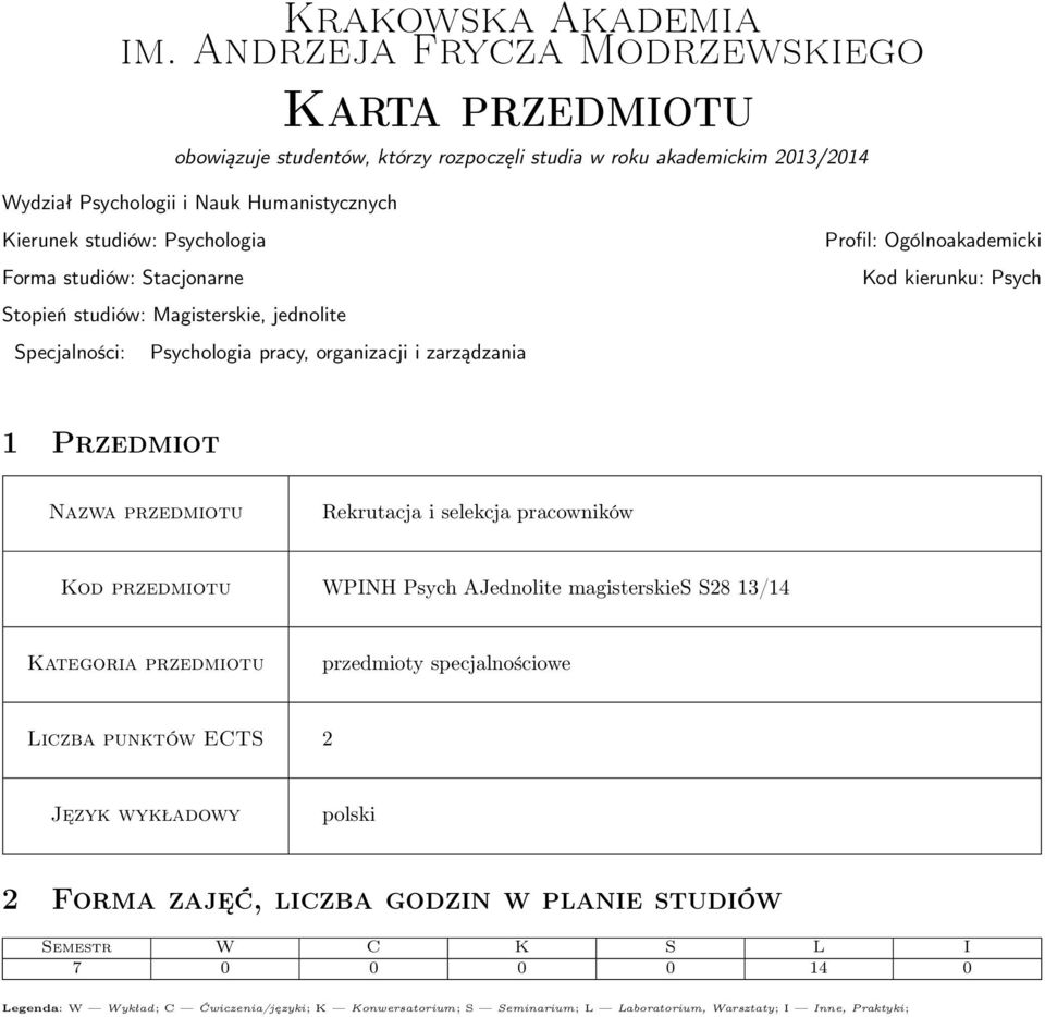 Forma studiów: Stacjonarne Stopień studiów: Magisterskie, jednolite Specjalności: Psychologia pracy, organizacji i zarządzania Profil: Ogólnoakademicki Kod kierunku: Psych 1 Przedmiot Nazwa