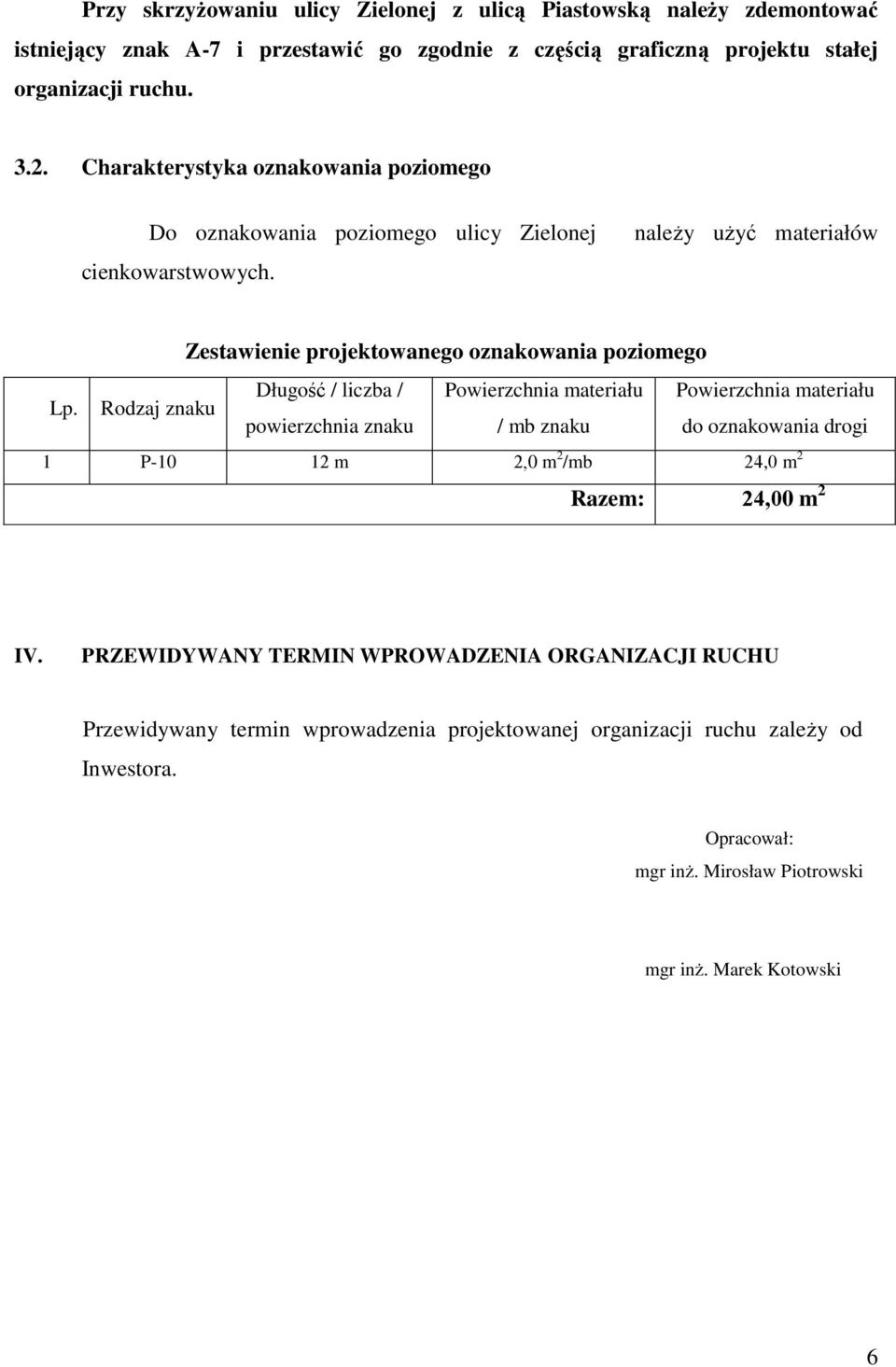 Rodzaj znaku Długość / liczba / Powierzchnia materiału Powierzchnia materiału powierzchnia znaku / mb znaku do oznakowania drogi 1 P-10 12 m 2,0 m 2 /mb 24,0 m 2 Razem: 24,00 m 2 IV.