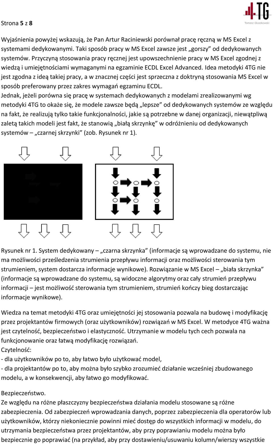 Idea metodyki 4TG nie jest zgodna z ideą takiej pracy, a w znacznej części jest sprzeczna z doktryną stosowania MS Excel w sposób preferowany przez zakres wymagań egzaminu ECDL.