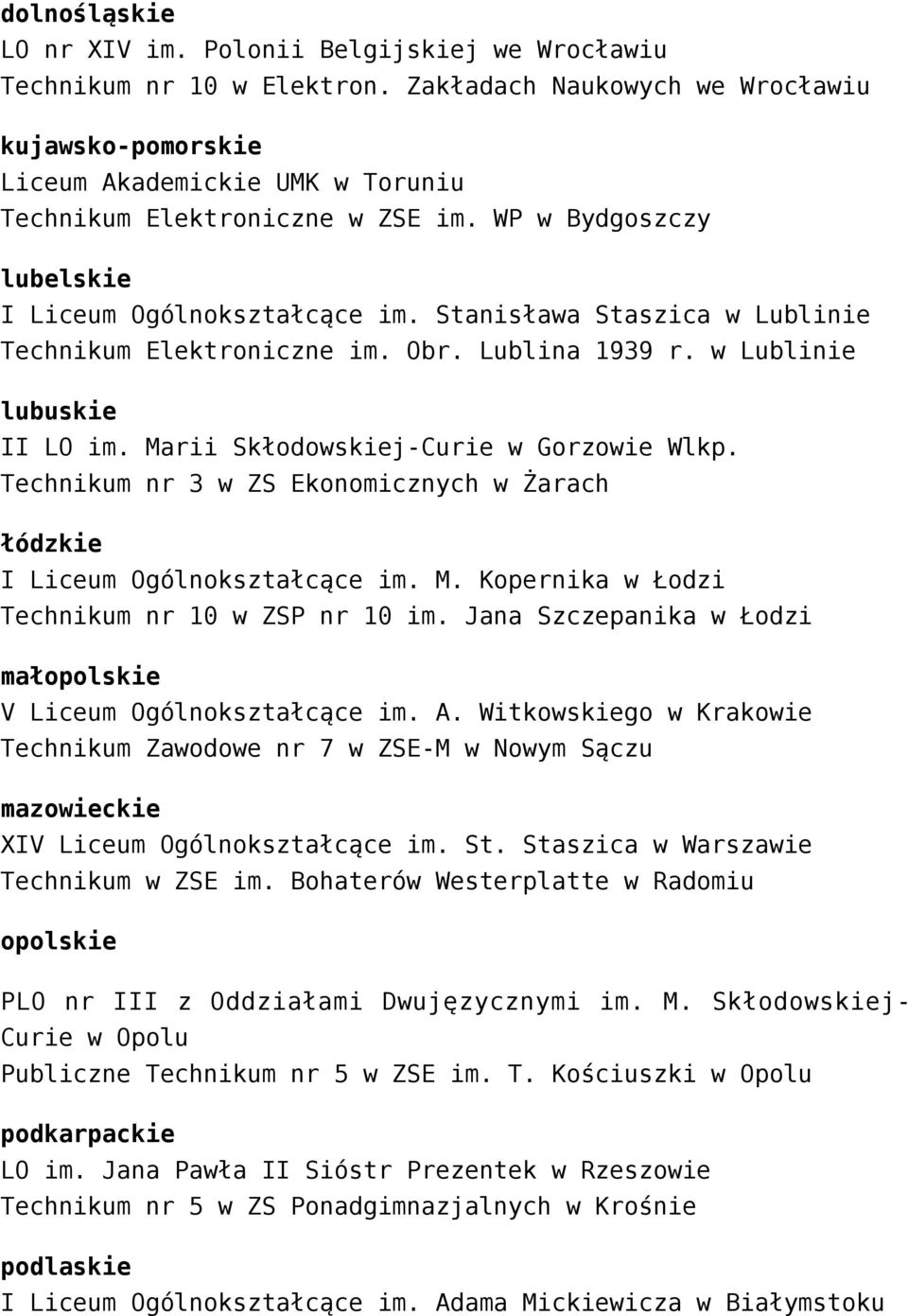 Marii Skłodowskiej-Curie w Gorzowie Wlkp. Technikum nr 3 w ZS Ekonomicznych w Żarach łódzkie I Liceum Ogólnokształcące im. M. Kopernika w Łodzi Technikum nr 10 w ZSP nr 10 im.