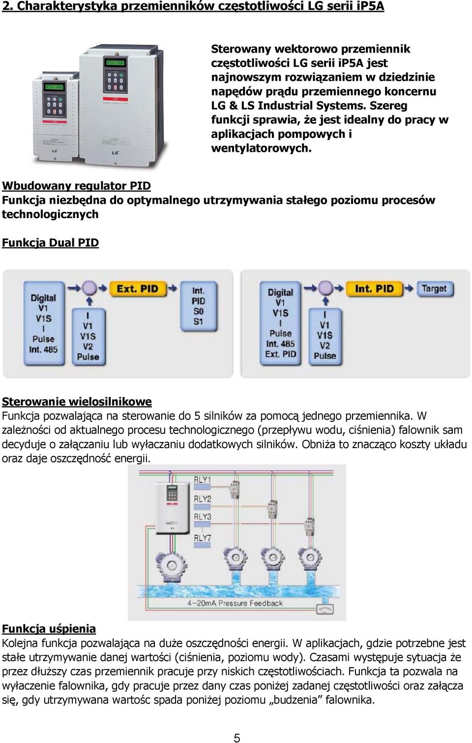 Wbudowany regulator PID Funkcja niezbędna do optymalnego utrzymywania stałego poziomu procesów technologicznych Funkcja Dual PID Sterowanie wielosilnikowe Funkcja pozwalająca na sterowanie do 5