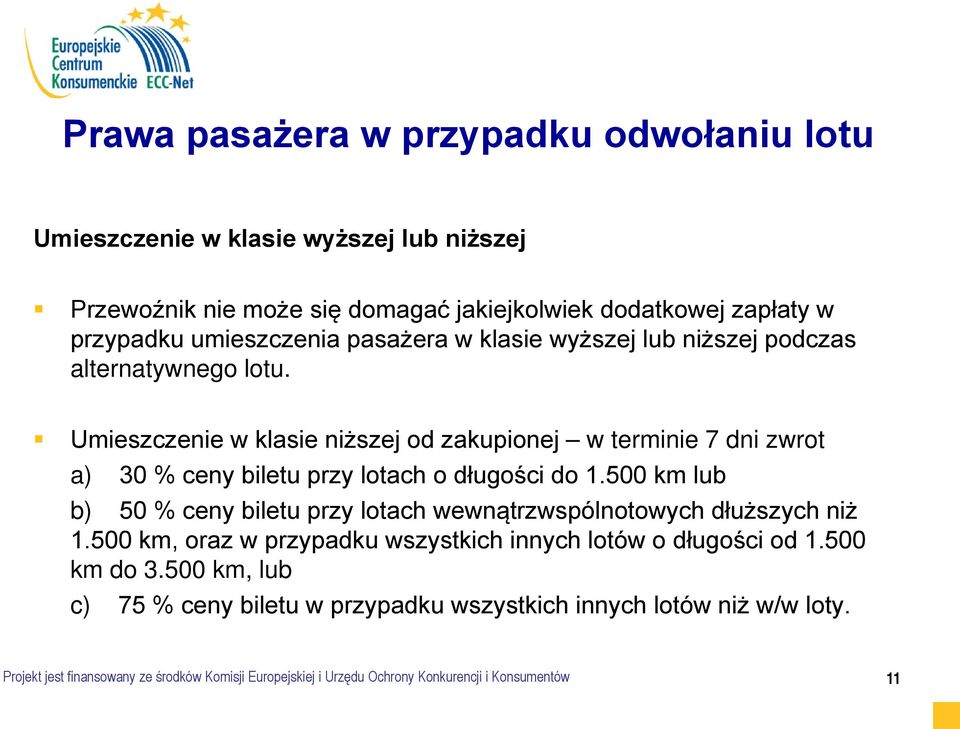 Umieszczenie w klasie niższej od zakupionej w terminie 7 dni zwrot a) 30 % ceny biletu przy lotach o długości do 1.