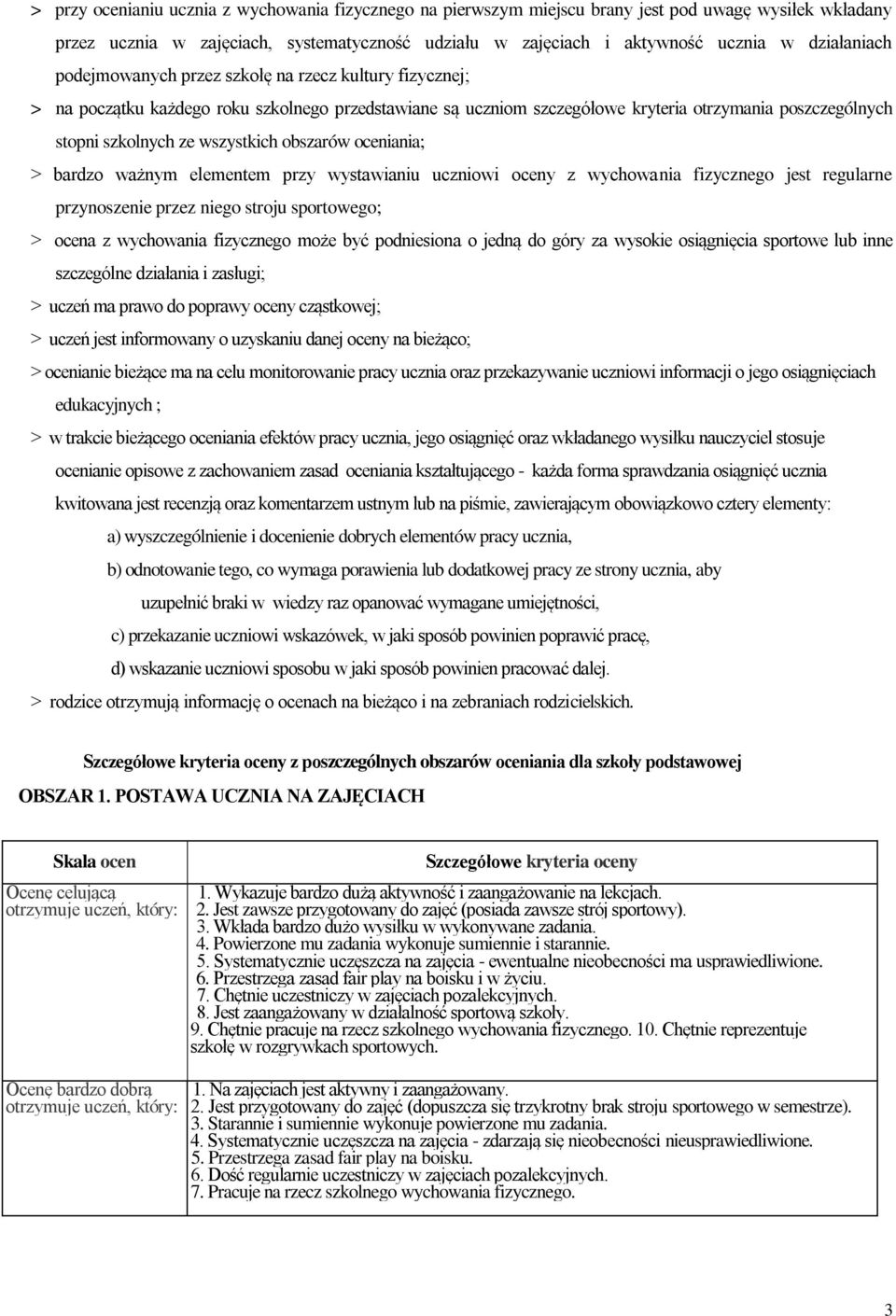 wszystkich obszarów oceniania; > bardzo ważnym elementem przy wystawianiu uczniowi oceny z wychowania fizycznego jest regularne przynoszenie przez niego stroju sportowego; > ocena z wychowania