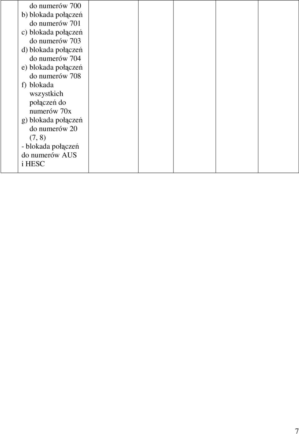 do numerów 708 f) blokada wszystkich połączeń do numerów 70x g)