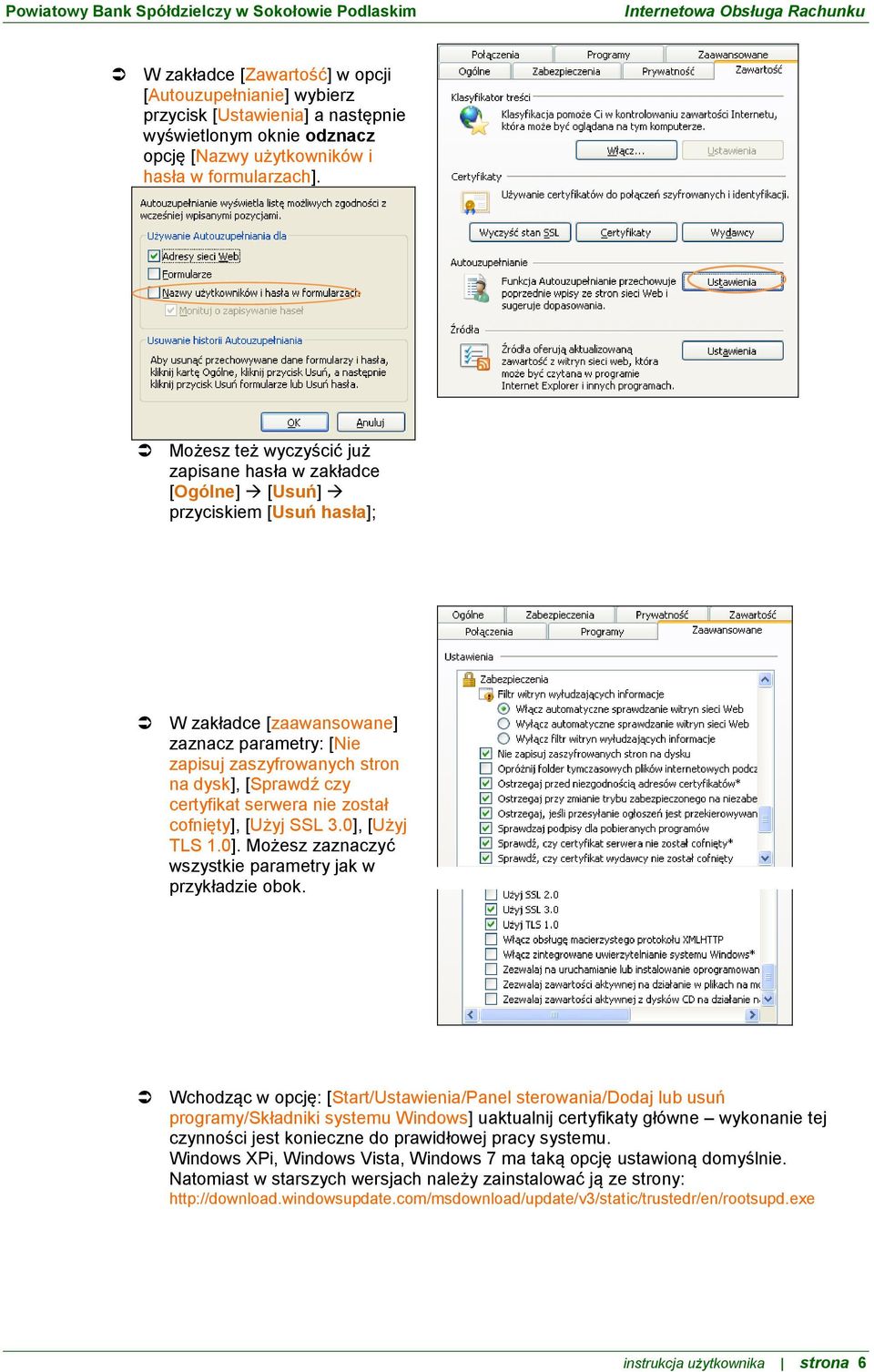 certyfikat serwera nie został cofnięty], [Użyj SSL 3.0], [Użyj TLS 1.0]. Możesz zaznaczyć wszystkie parametry jak w przykładzie obok.