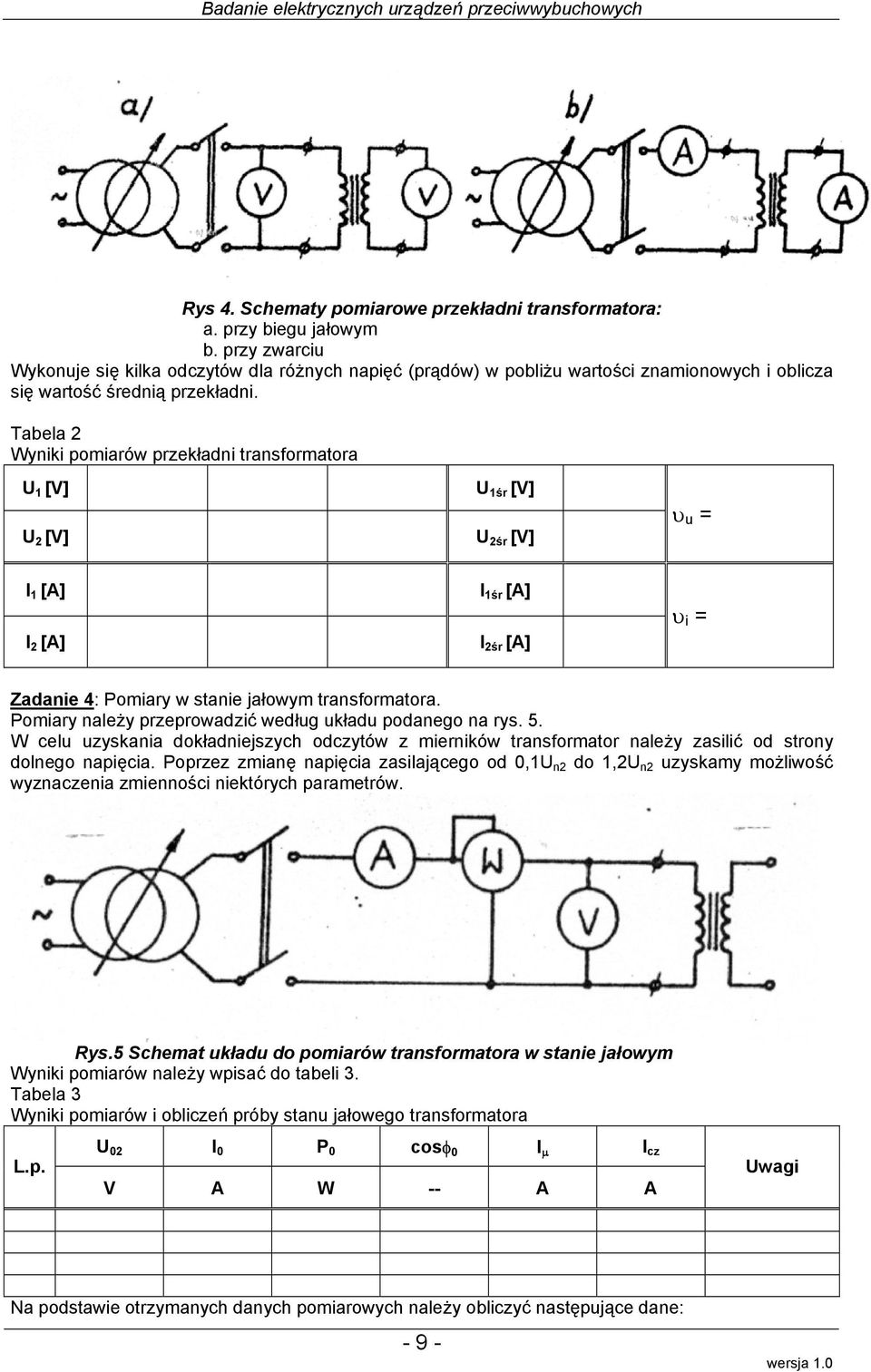 Tabela 2 Wyniki pomiarów prekładni transformatora U 1 [V] U 2 [V] U 1śr [V] U 2śr [V] υ u = I 1 [A] I 2 [A] I 1śr [A] I 2śr [A] υ i = Zadanie 4: Pomiary w stanie jałowym transformatora.