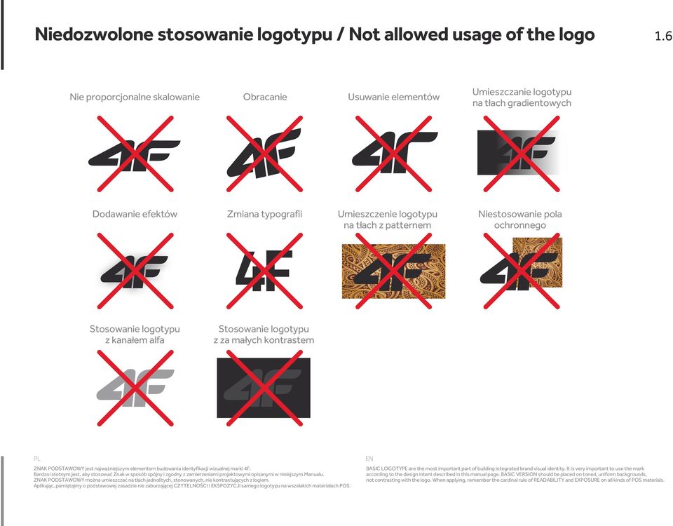 pola ochronnego Stosowanie logotypu z kanałem alfa Stosowanie logotypu z za małych kontrastem ZNAK PODSTAWOWY jest najważniejszym elementem budowania identyfikacji wizualnej marki 4F.