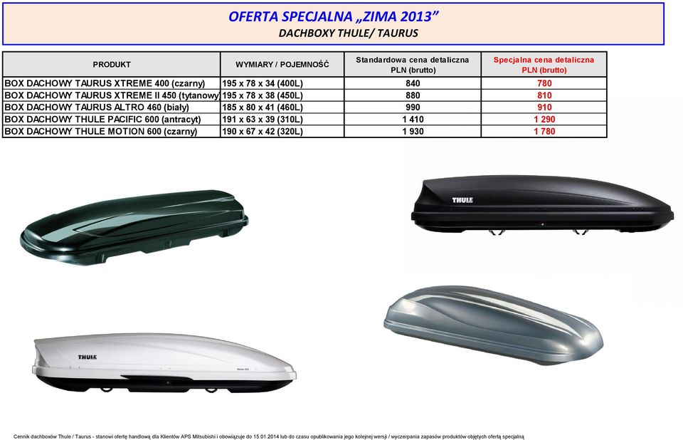 BOX DACHOWY THULE PACIFIC 600 (antracyt) 191 x 63 x 39 (310L) 1 410 1 290 BOX DACHOWY THULE MOTION 600 (czarny) 190 x 67 x 42 (320L) 1 930 1 780 Cennik dachboxów Thule / Taurus