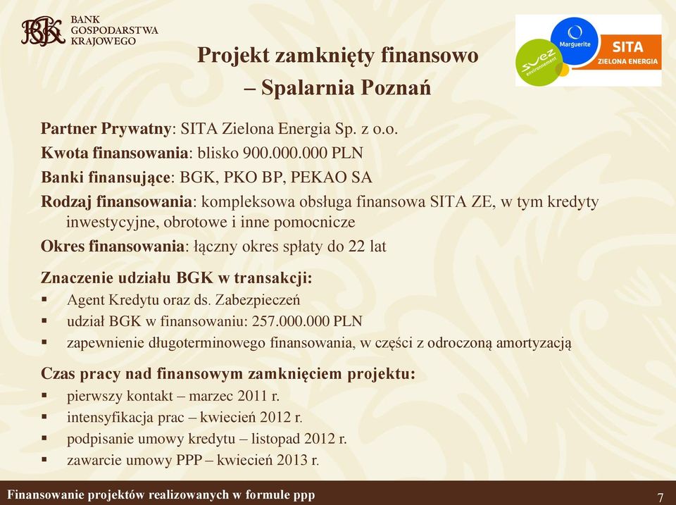 finansowania: łączny okres spłaty do 22 lat Znaczenie udziału BGK w transakcji: Agent Kredytu oraz ds. Zabezpieczeń udział BGK w finansowaniu: 257.000.