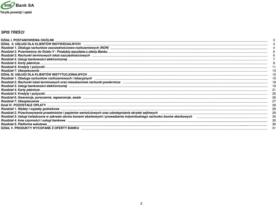 Karty płatnicze 8 Rozdział 6. Kredyty i pożyczki 11 Rozdział 7. Ubezpieczenia 13 DZIAŁ III. USŁUGI DLA KLIENTÓW INSTYTUCJONALNYCH 15 Rozdział 1.