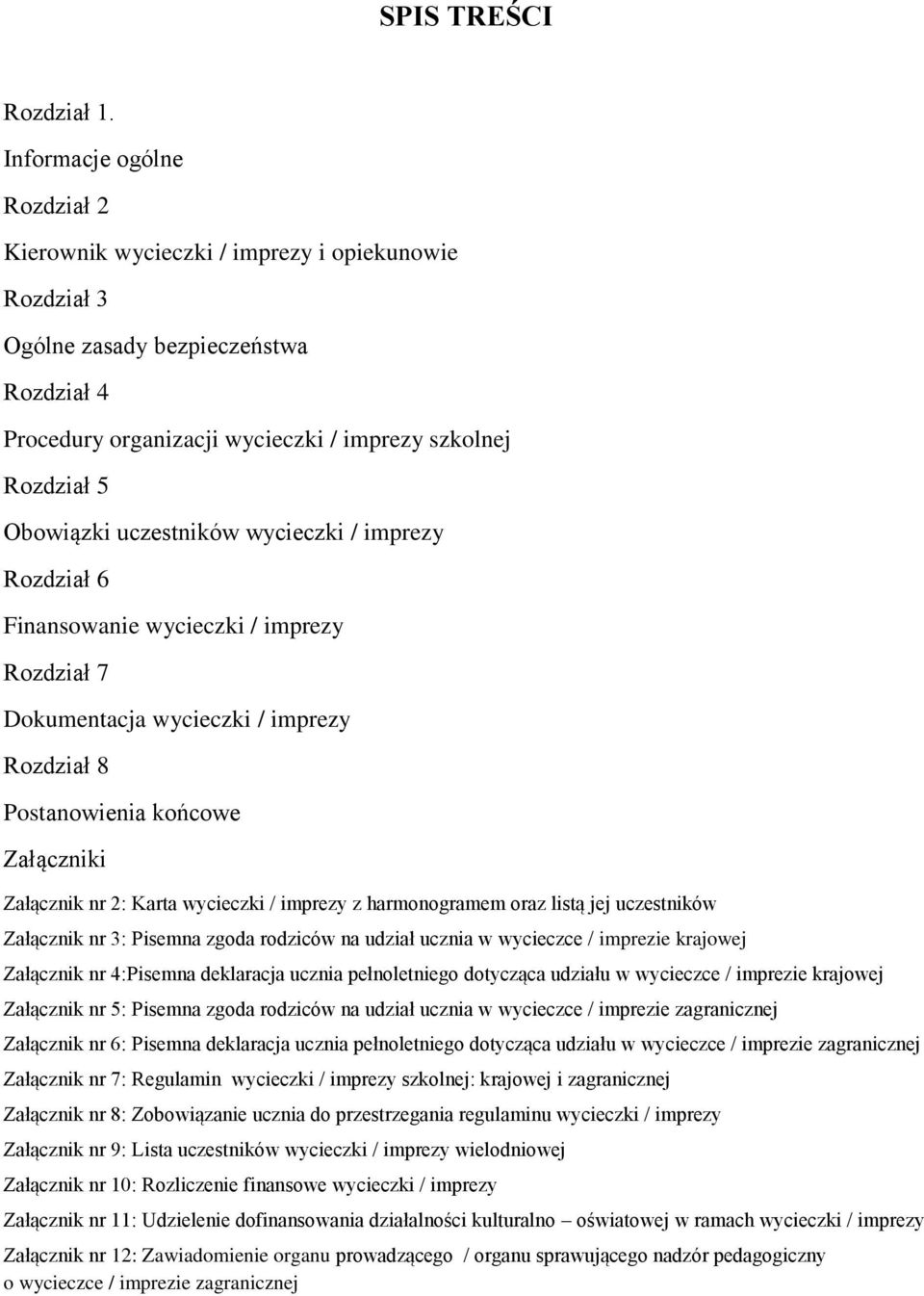 uczestników wycieczki / imprezy Rozdział 6 Finansowanie wycieczki / imprezy Rozdział 7 Dokumentacja wycieczki / imprezy Rozdział 8 Postanowienia końcowe Załączniki Załącznik nr 2: Karta wycieczki /