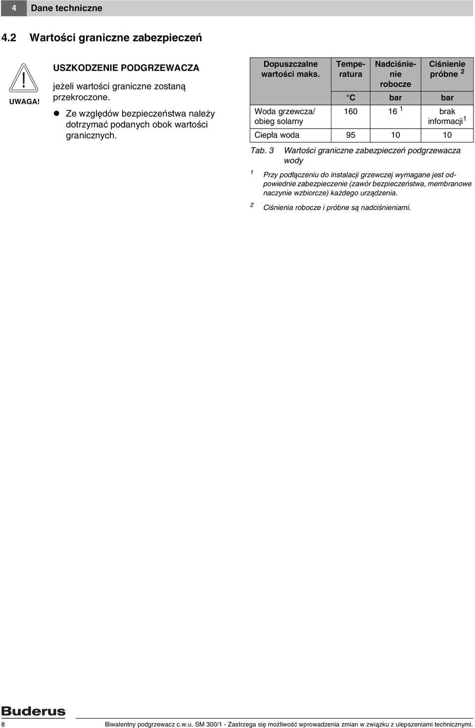 Woda grzewcza/ obieg solarny Temperatura Nadciśnienie robocze Ciśnienie próbne C bar bar 160 16 1 brak informacji 1 Ciepła woda 95 10 10 Tab.