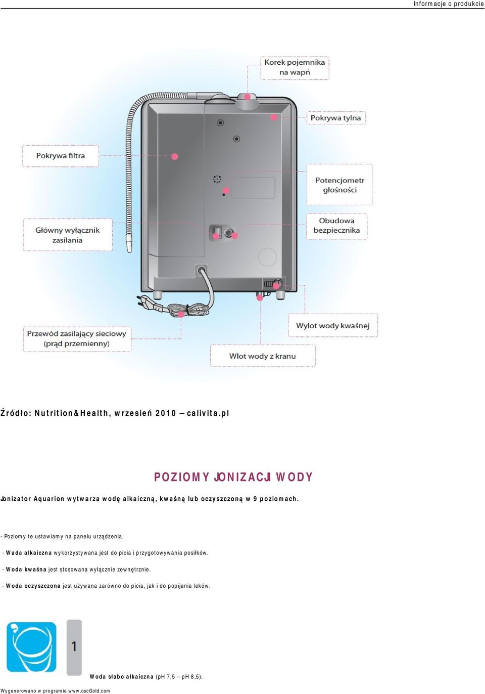 - Poziomy te ustawiamy na panelu urządzenia. - Wada alkaiczna wykorzystywana jest do picia i przygotowywania posiłków.