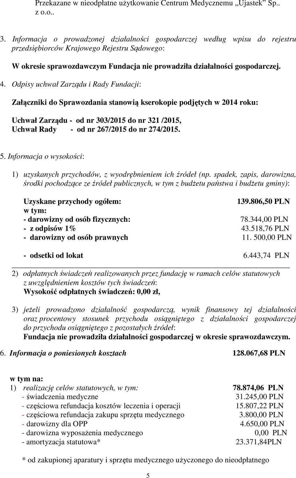 Odpisy uchwał Zarządu i Rady Fundacji: Załączniki do Sprawozdania stanowią kserokopie podjętych w 2014 roku: Uchwał Zarządu - od nr 303/2015 do nr 321 /2015, Uchwał Rady - od nr 267/2015 do nr