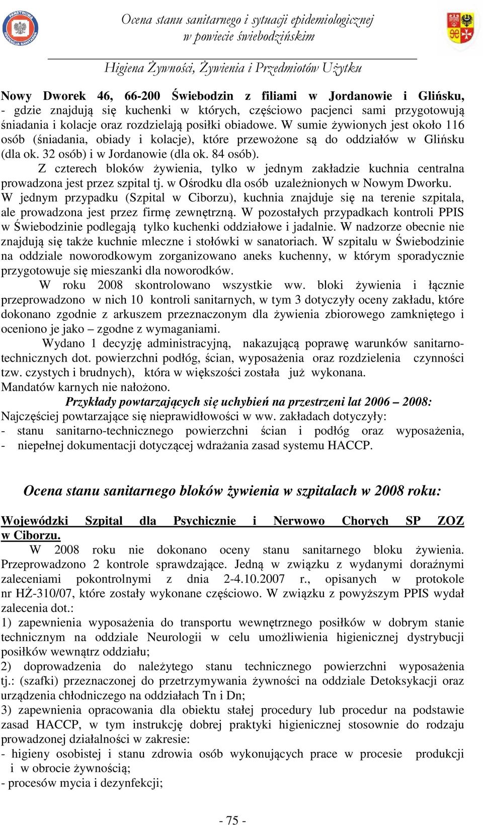 Z czterech bloków żywienia, tylko w jednym zakładzie kuchnia centralna prowadzona jest przez szpital tj. w Ośrodku dla osób uzależnionych w Nowym Dworku.