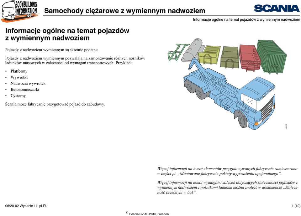 Przykład: Platformy Wywrotki Nadwozia wywrotek Betonomieszarki Cysterny Scania może fabrycznie przygotować pojazd do zabudowy.