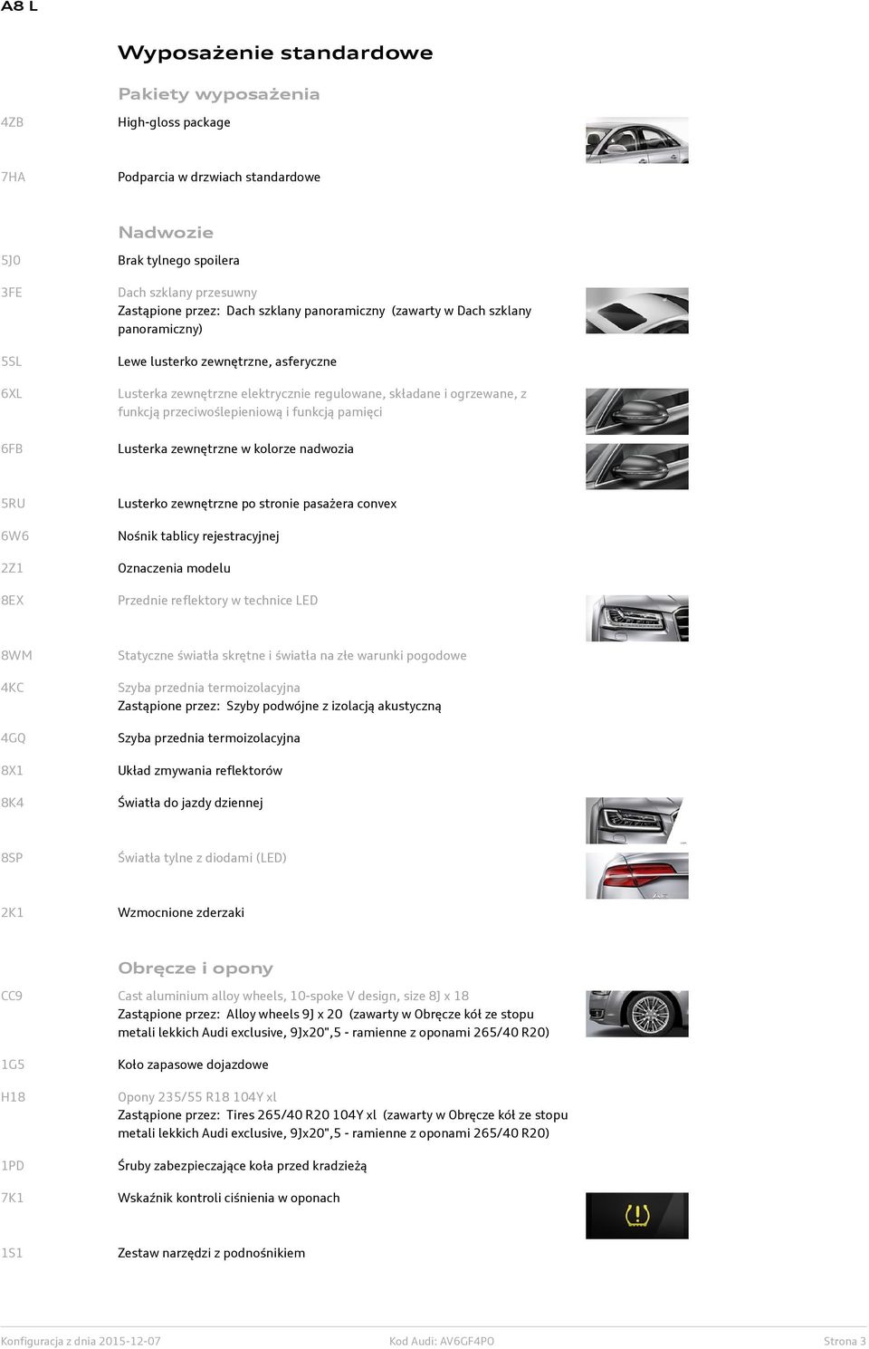 funkcją pamięci 6FB Lusterka zewnętrzne w kolorze nadwozia 5RU 6W6 2Z1 8EX Lusterko zewnętrzne po stronie pasażera convex Nośnik tablicy rejestracyjnej Oznaczenia modelu Przednie reflektory w