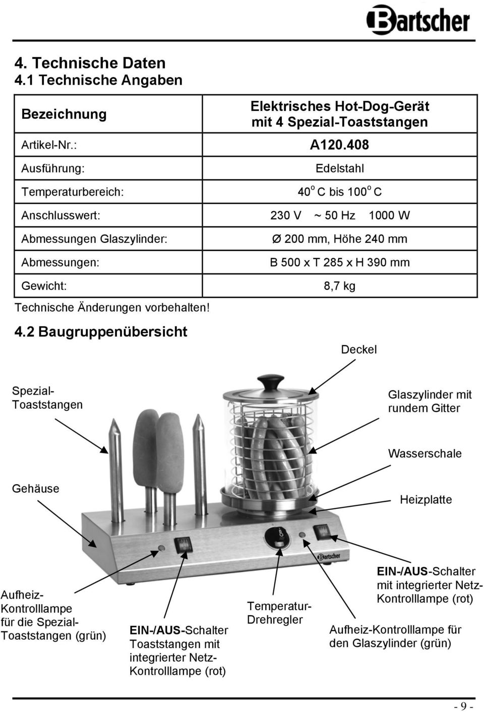 C bis 100 C Anschlusswert: 230 V ~ 50 Hz 1000 W Abmessungen Glaszylinder: Abmessungen: Gewicht: Technische Änderungen vrbehalten! 4.