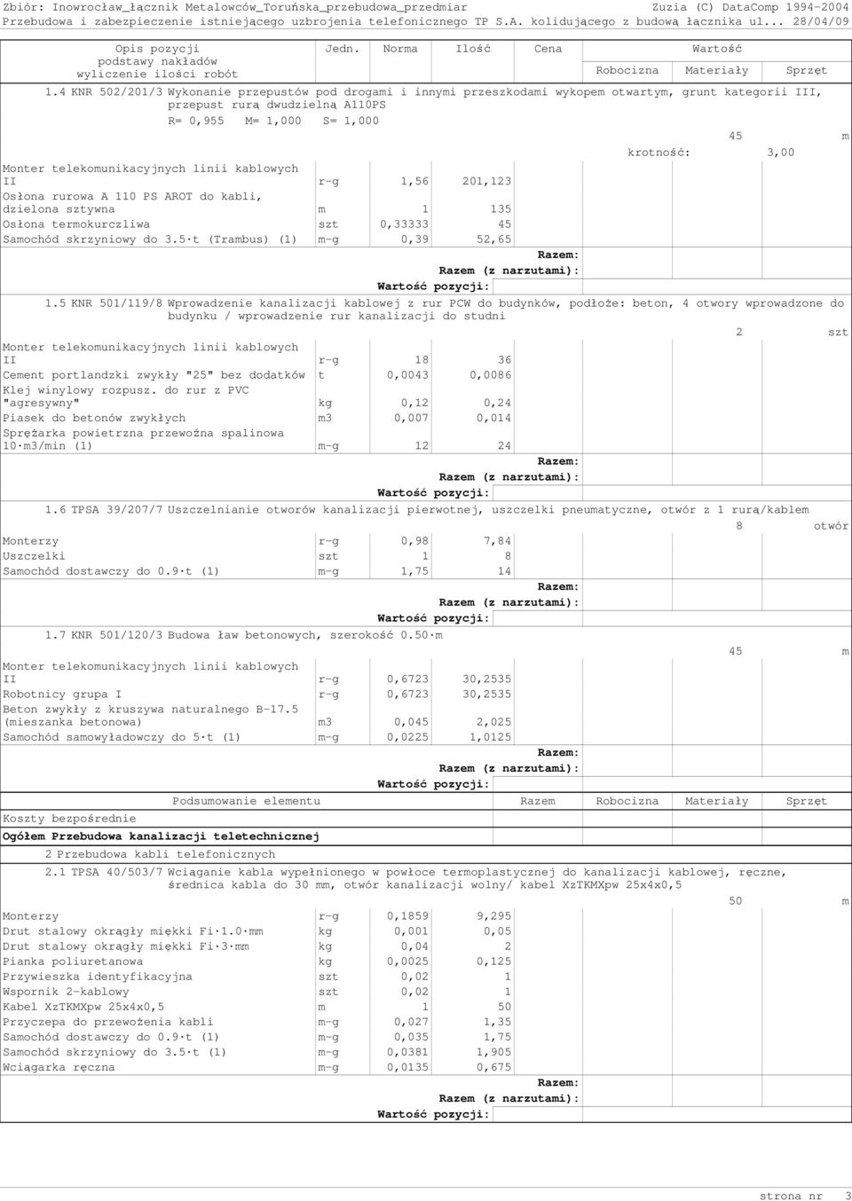 5 KNR 501/119/8 Wprowadzenie kanalizacji kablowej z rur PCW do budynków, podłoŝe: beton, 4 otwory wprowadzone do budynku / wprowadzenie rur kanalizacji do studni 2 szt II r-g 18 36 Cement portlandzki