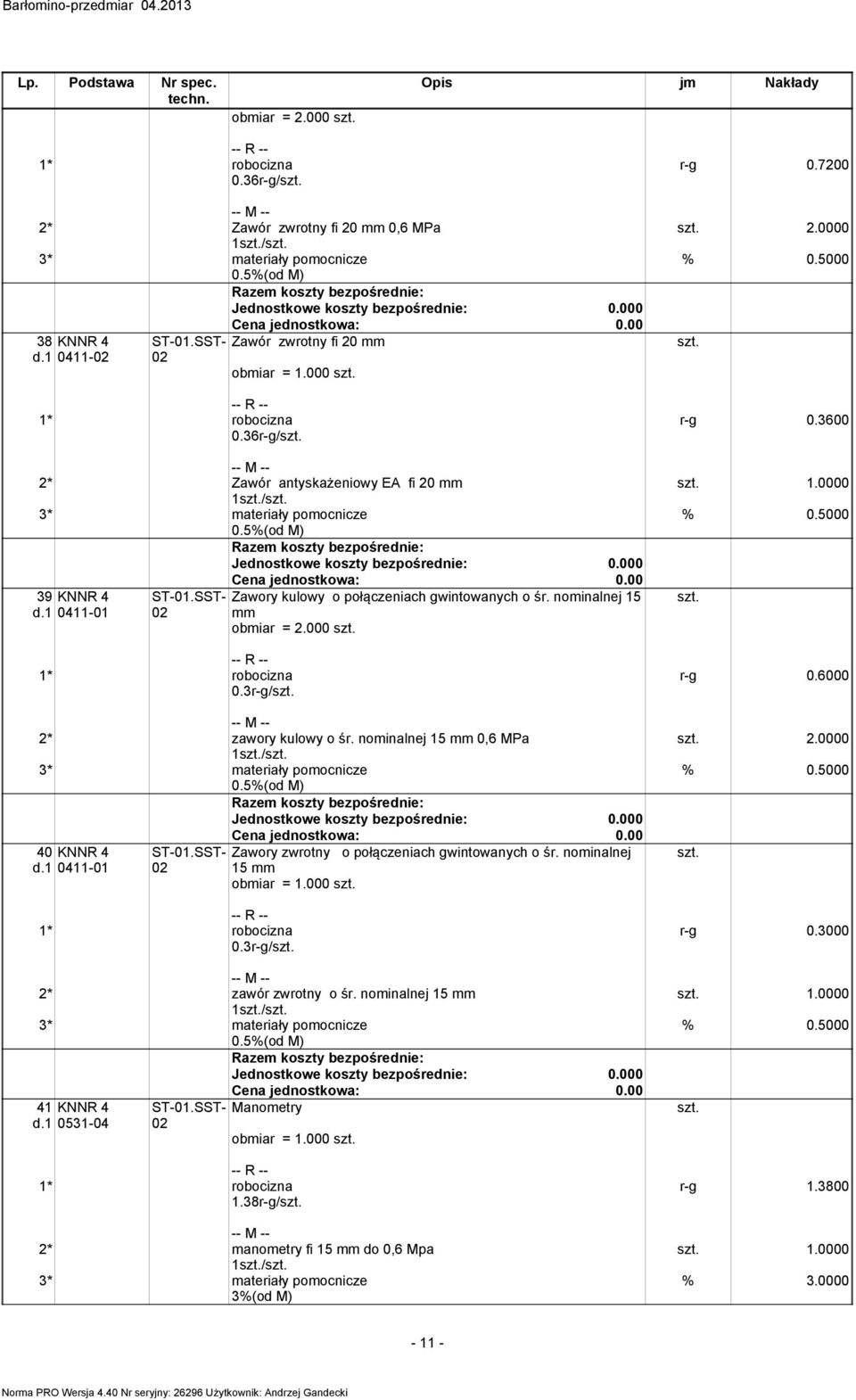 1 0411-01 0.3r-g/ Zawory zwrotny o połączeniach gwintowanych o śr. noinalnej 15 obiar = 1.000 2* zawór zwrotny o śr. noinalnej 15 1/ 41 KNNR 4 d.