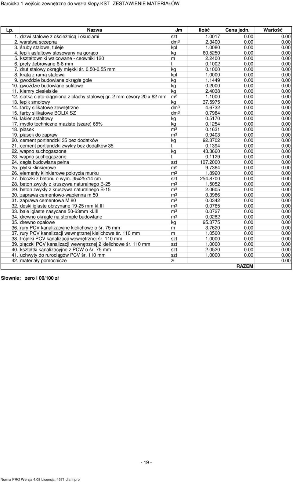 55 mm kg 0.1000 0.00 0.00 8. krata z ramą stalową kpl 1.0000 0.00 0.00 9. gwoździe budowlane okrągłe gołe kg 1.1449 0.00 0.00 10. gwoździe budowlane sufitowe kg 0.2000 0.00 0.00 11.