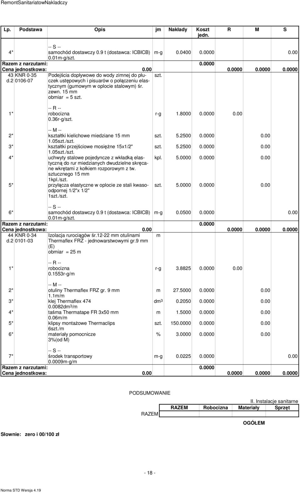 05/ 3* kształtki przejściowe osiężne 15x1/2" 1.05/ 4* uchwyty stalowe pojedyncze z wkładką elastyczną do rur iedzianych dwudzielne skręcane wkrętai z kołkie rozporowy z tw. sztucznego 15 1kpl.