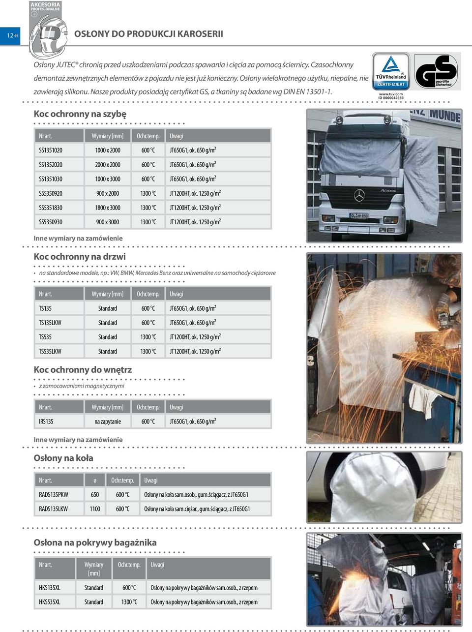 Koc ochronny na szybę SS1351020 1000 x 2000 600 C JT650G1, ok. 650 g/m² SS1352020 2000 x 2000 600 C JT650G1, ok. 650 g/m² SS1351030 1000 x 3000 600 C JT650G1, ok.