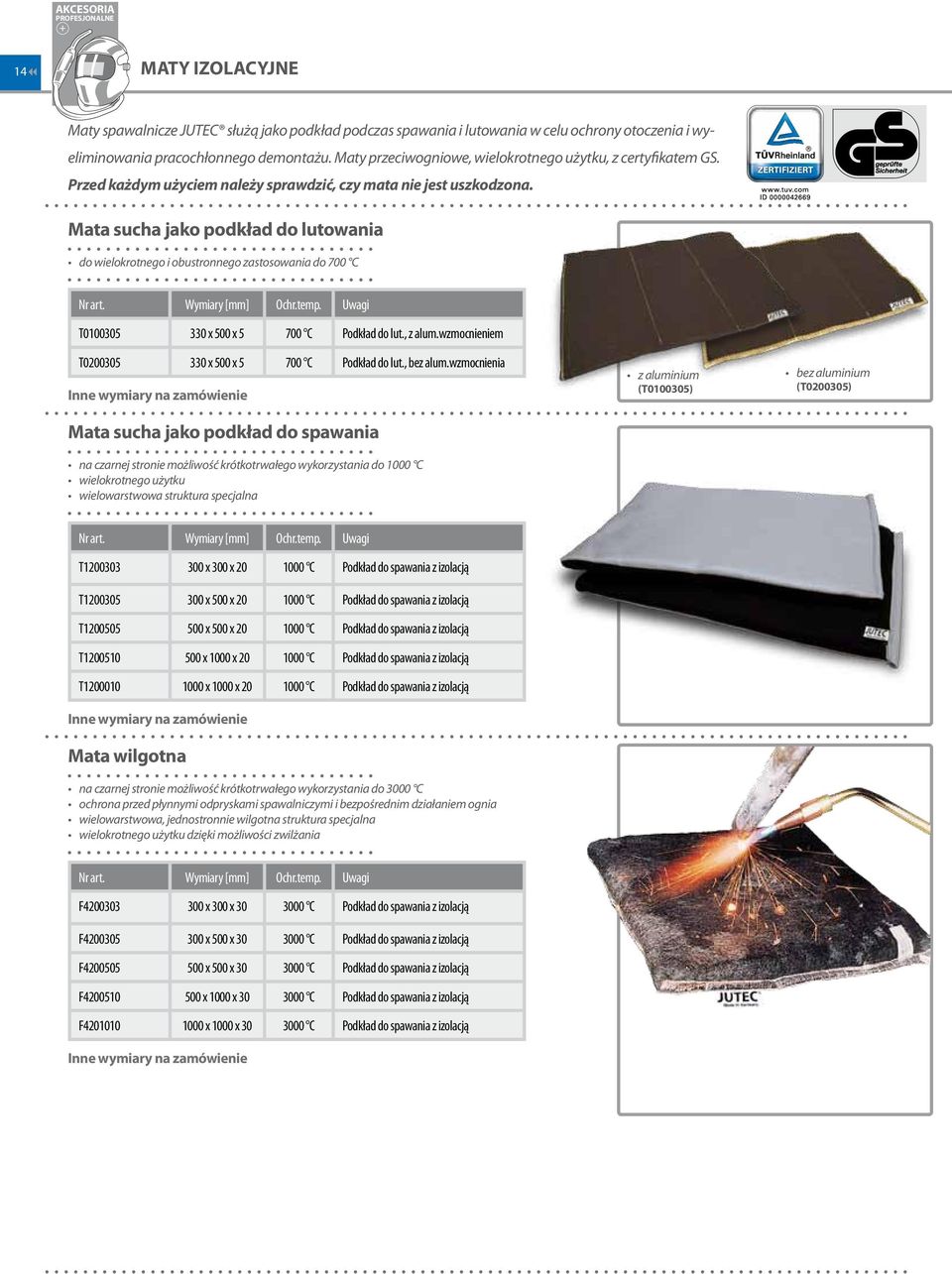 Mata sucha jako podkład lutowania wielokrotnego i obustronnego zastosowania 700 C T0100305 330 x 500 x 5 700 C Podkład lut., z alum.wzmocnieniem T0200305 330 x 500 x 5 700 C Podkład lut., bez alum.