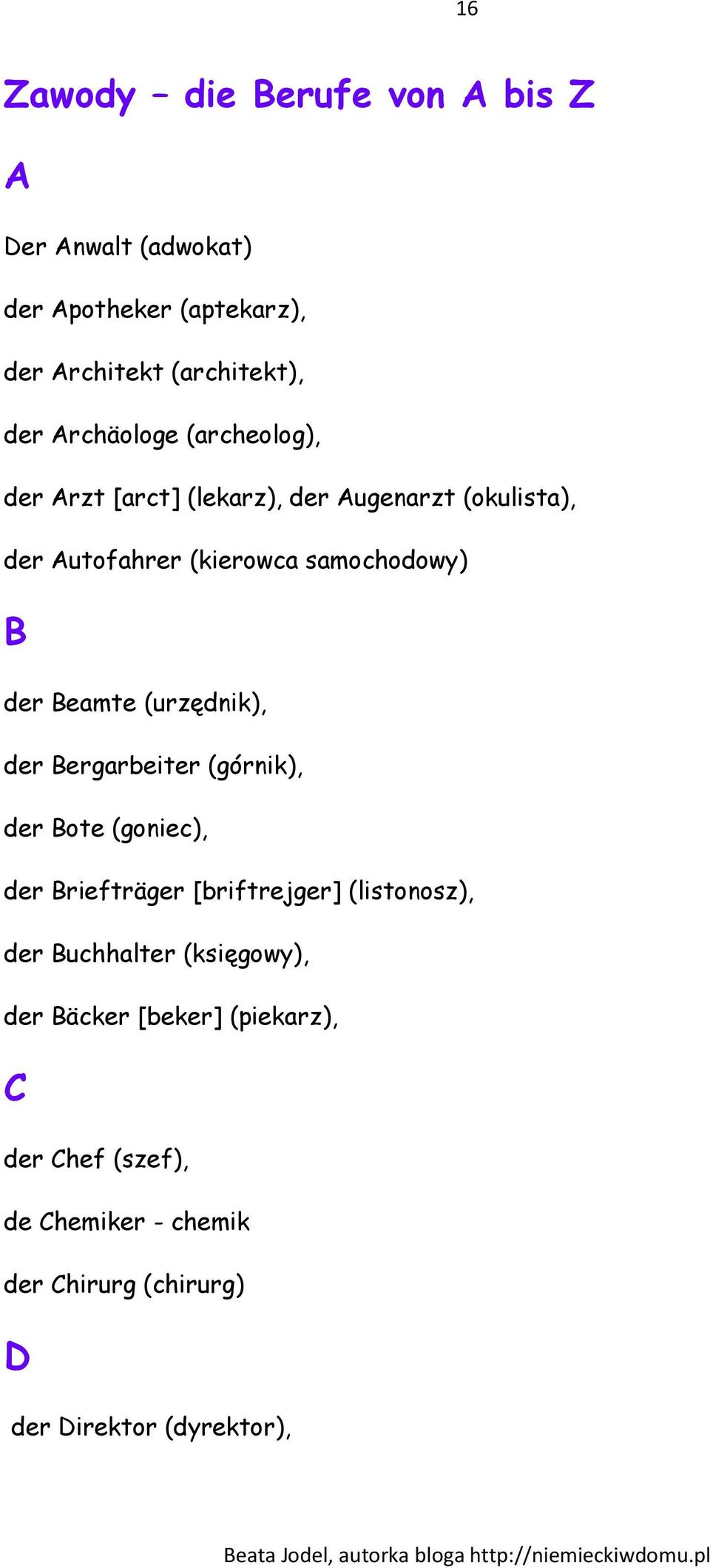 Beamte (urzędnik), der Bergarbeiter (górnik), der Bote (goniec), der Briefträger [briftrejger] (listonosz), der