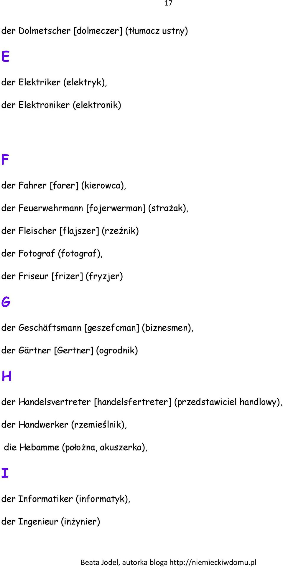 (fryzjer) G der Geschäftsmann [geszefcman] (biznesmen), der Gärtner [Gertner] (ogrodnik) H der Handelsvertreter [handelsfertreter]