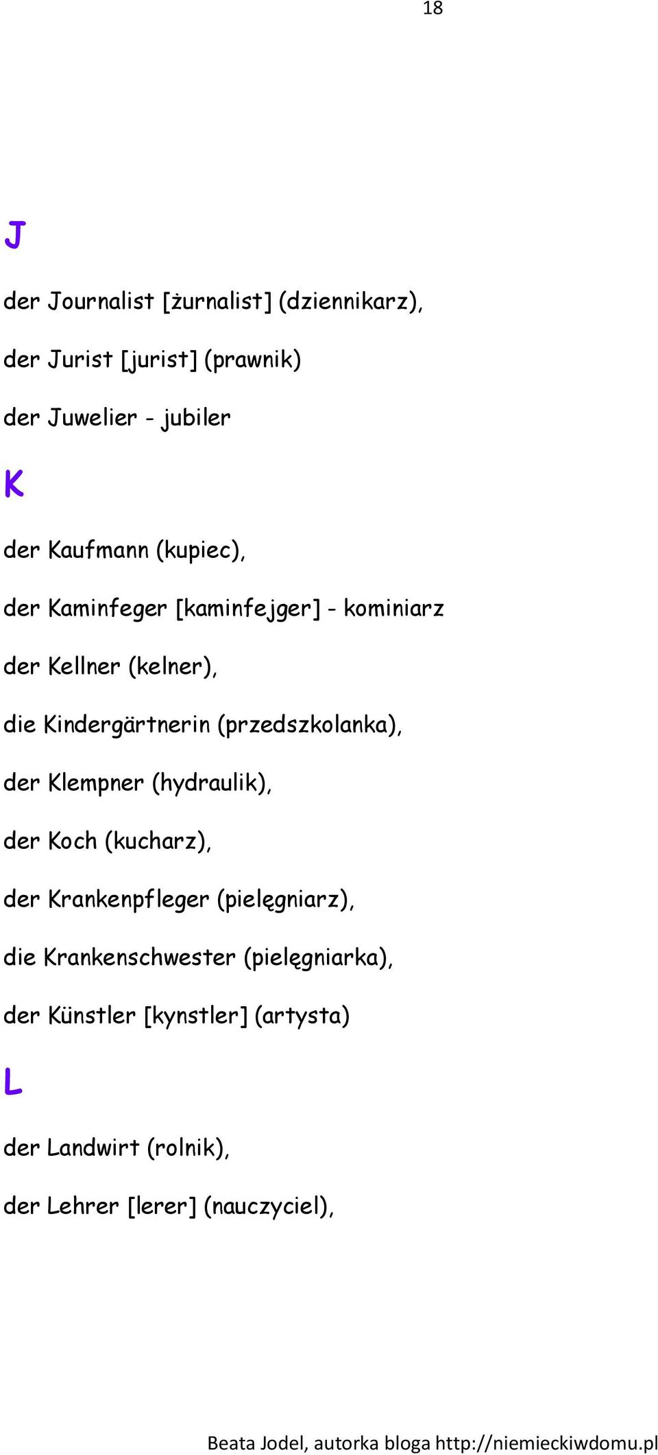 (przedszkolanka), der Klempner (hydraulik), der Koch (kucharz), der Krankenpfleger (pielęgniarz), die