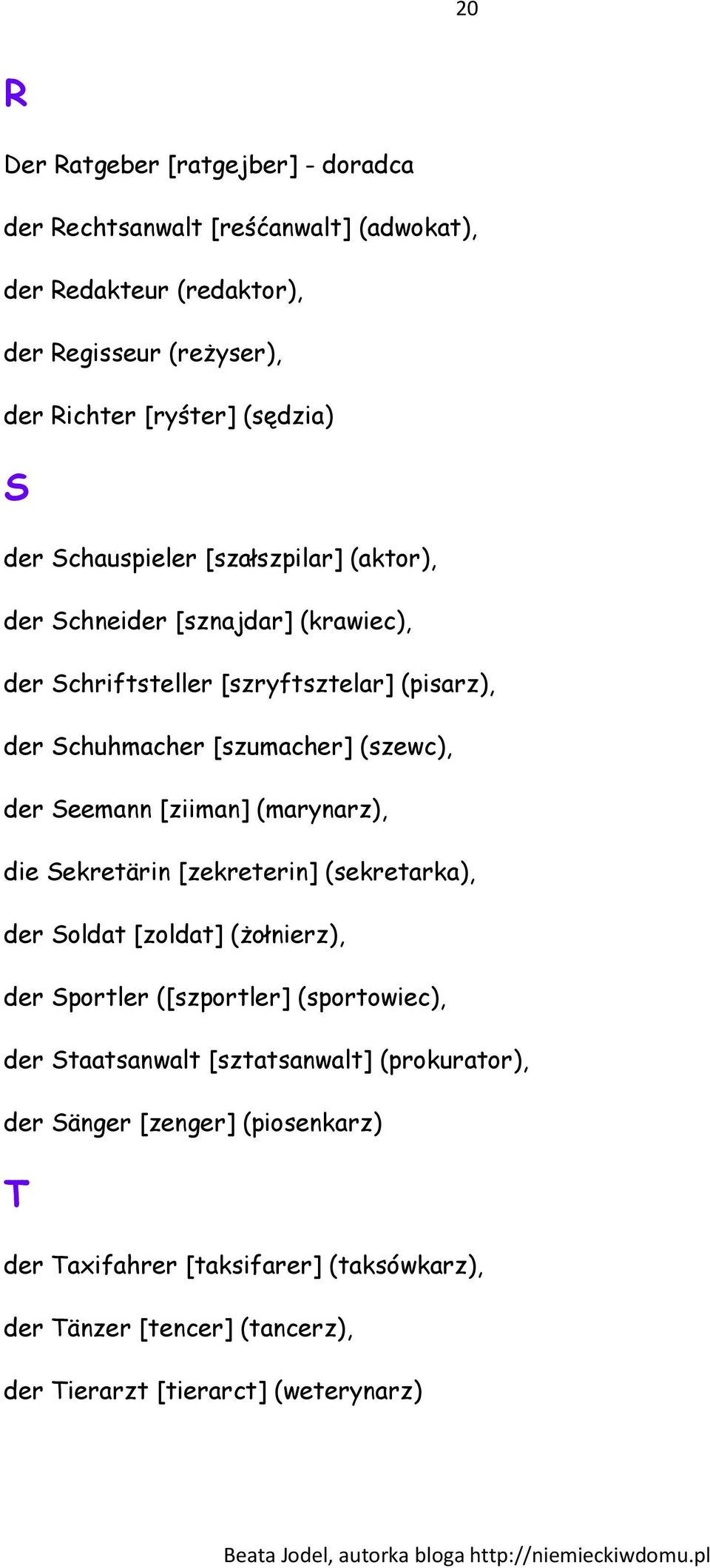 Seemann [ziiman] (marynarz), die Sekretärin [zekreterin] (sekretarka), der Soldat [zoldat] (żołnierz), der Sportler ([szportler] (sportowiec), der Staatsanwalt