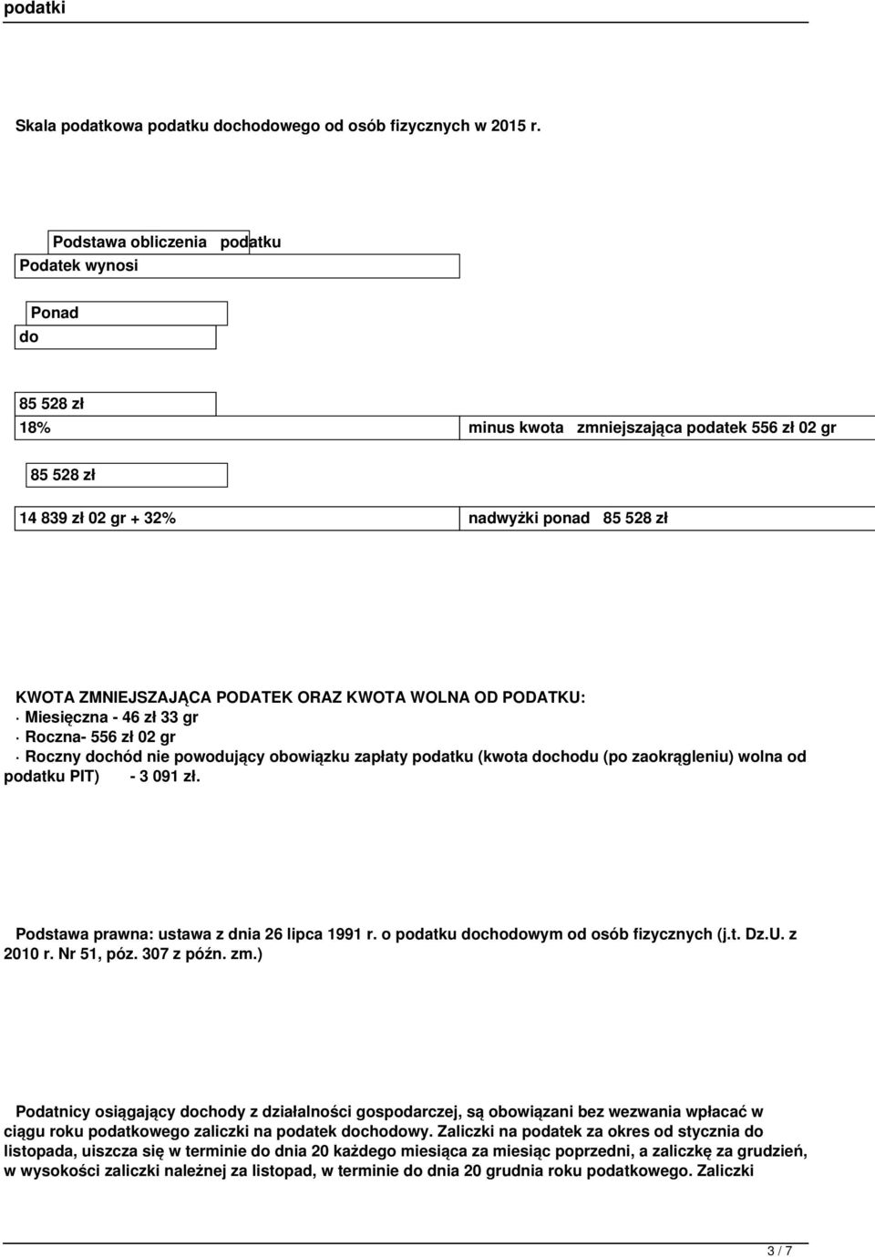 ORAZ KWOTA WOLNA OD PODATKU: Miesięczna - 46 zł 33 gr Roczna- 556 zł 02 gr Roczny dochód nie powodujący obowiązku zapłaty podatku (kwota dochodu (po zaokrągleniu) wolna od podatku PIT) - 3 091 zł.