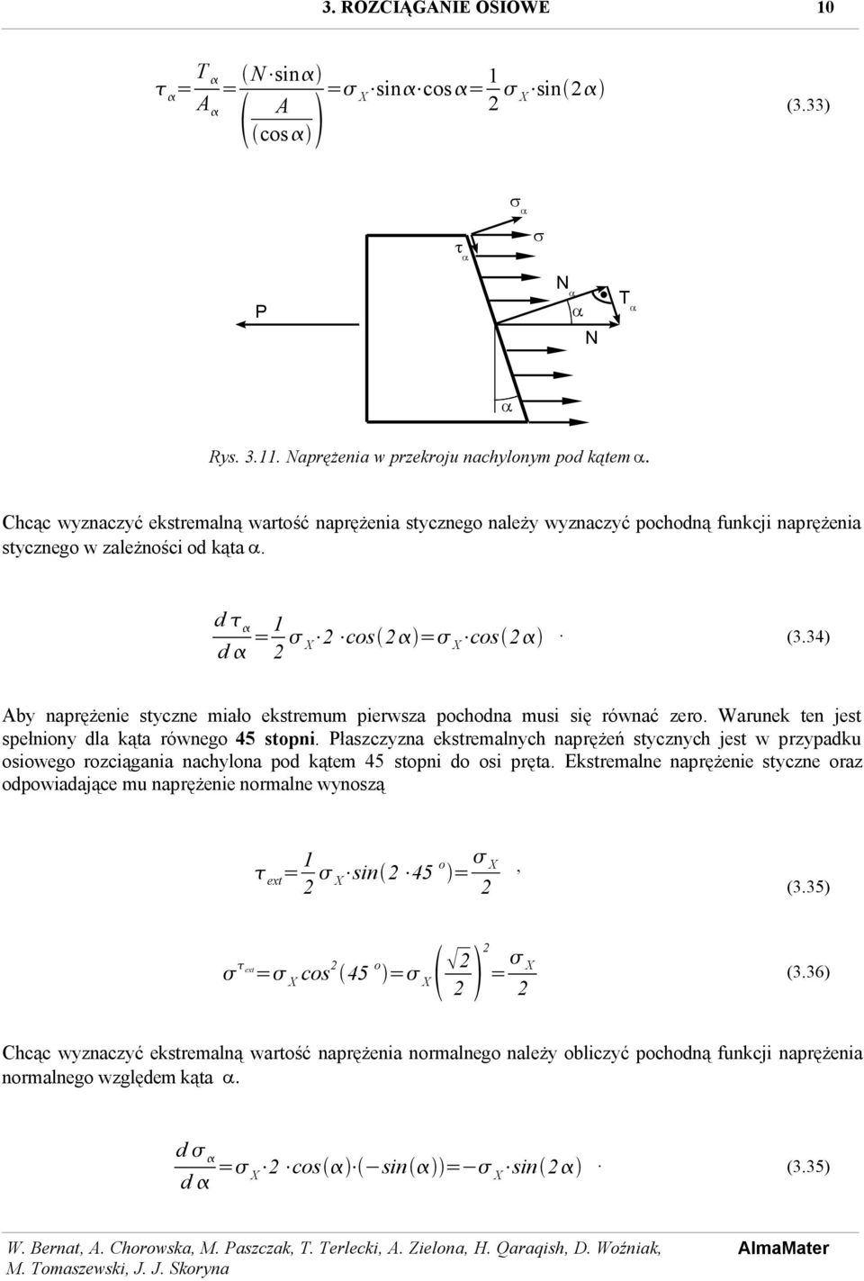 34) by naprężenie styczne miało ekstremum pierwsza pochodna musi się równać zero. Warunek ten jest spełniony dla kąta równego 45 stopni.
