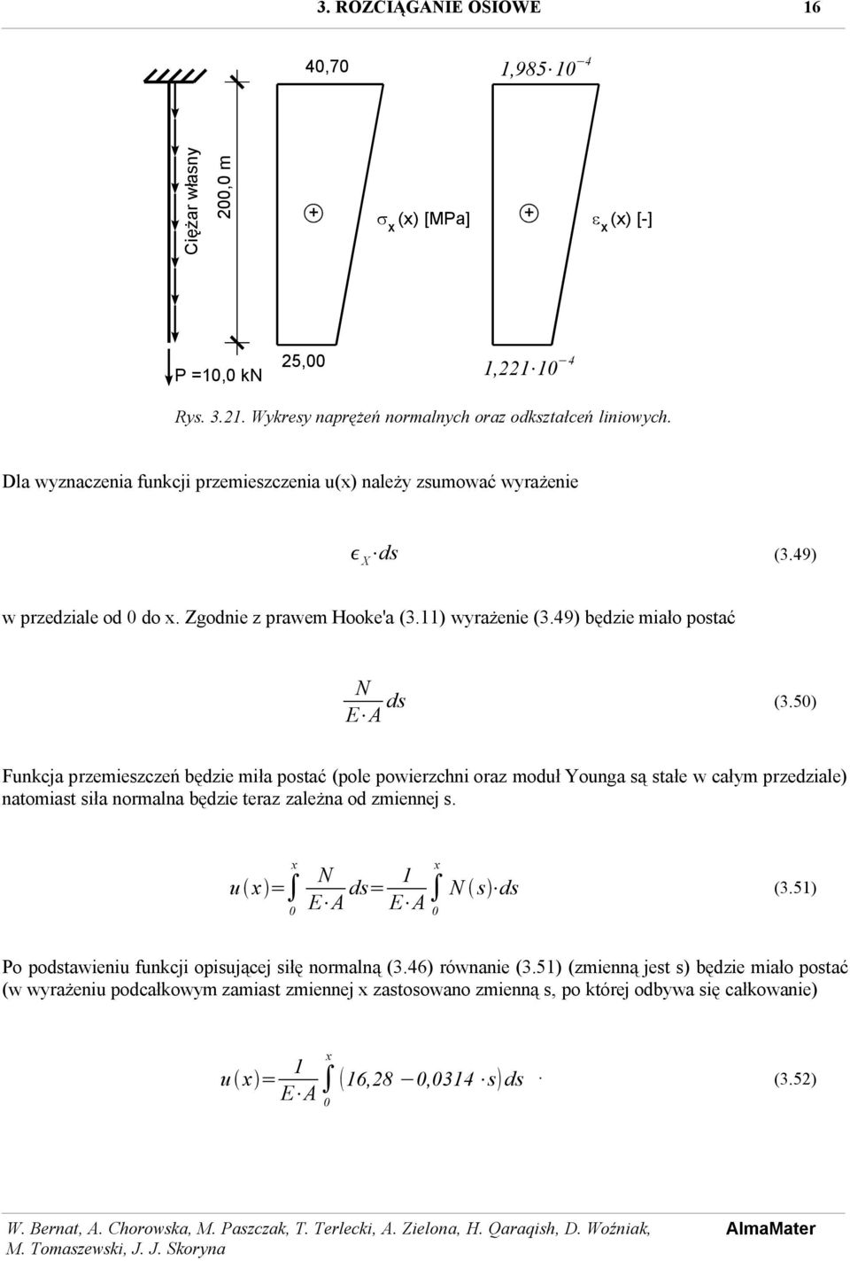 50) Funkcja przemieszczeń będzie miła postać (pole powierzchni oraz moduł Younga są stałe w całym przedziale) natomiast siła normalna będzie teraz zależna od zmiennej s.