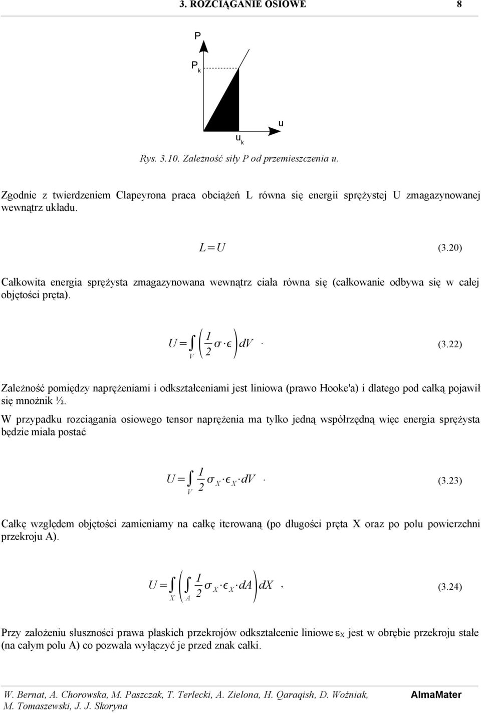 ) Zależność pomiędzy naprężeniami i odkształceniami jest liniowa (prawo Hooke'a) i dlatego pod całką pojawił się mnożnik ½.